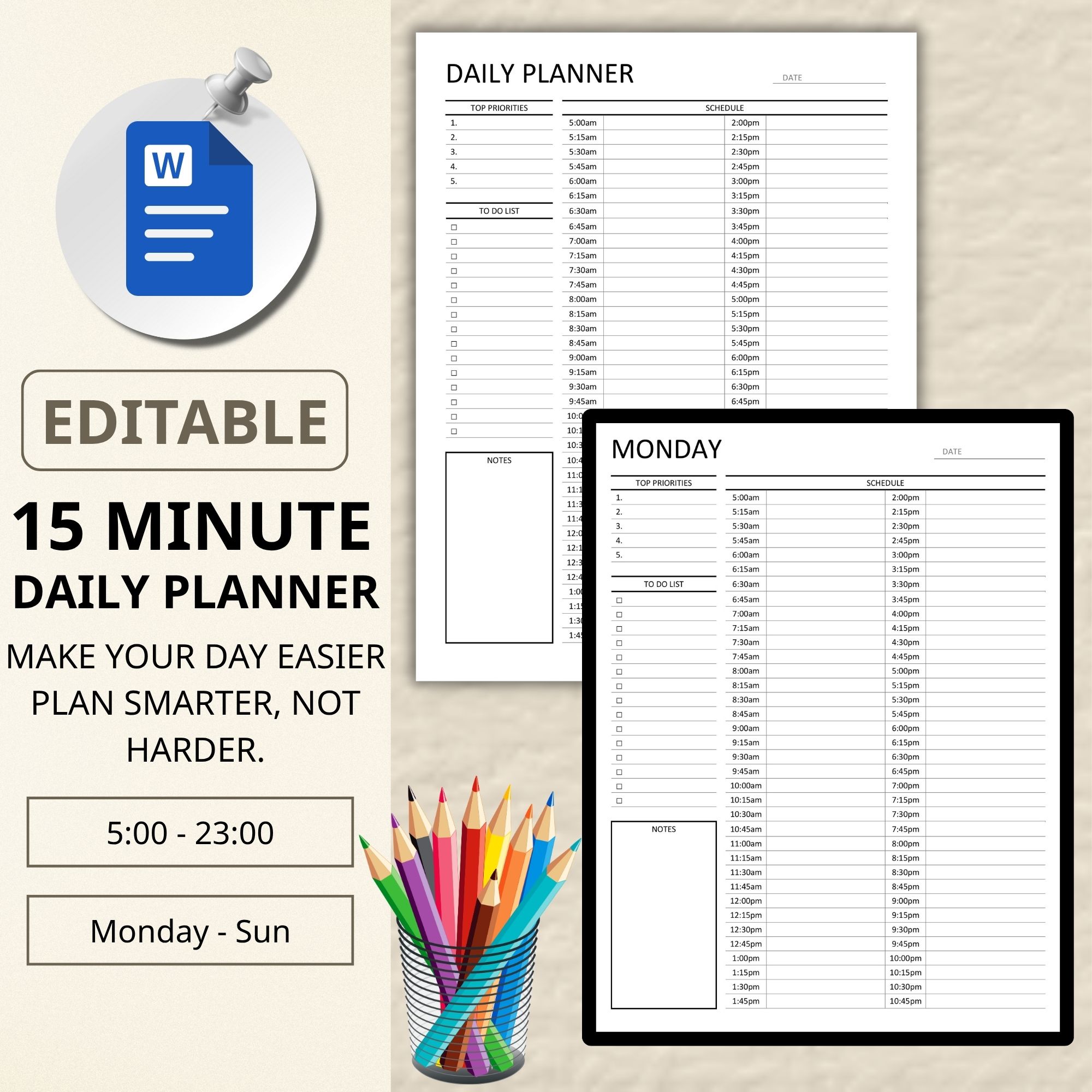 15 minute planner, 15 minute weekly, 15 minute day plan, 15 minute daily plan, 15 minute printable, time block planner, time block printable, daily plan printable, 24 hour planner, time blocking pdf, daily pdf printable, editable daily plan, daily planner pdf