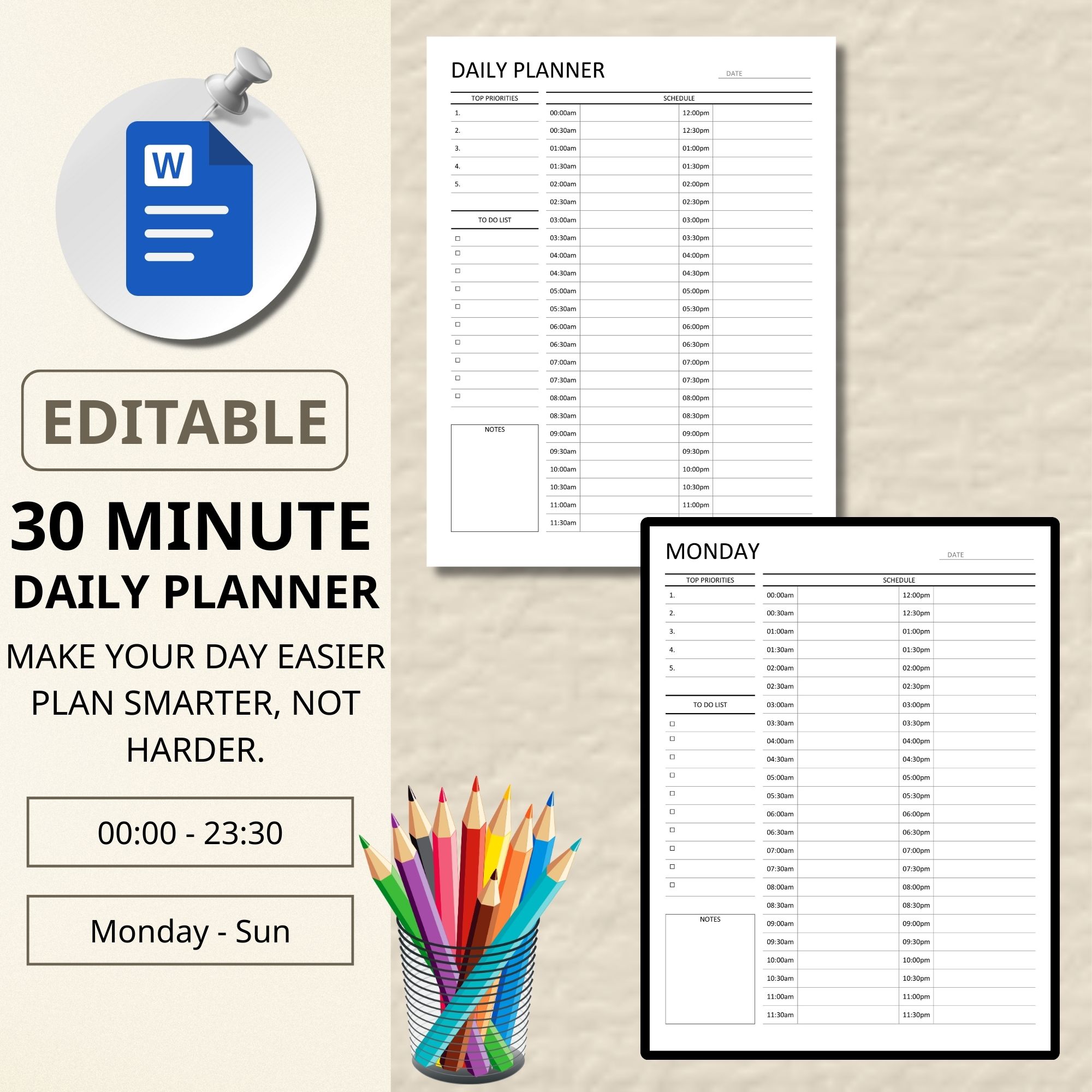 30 minute planner, 30 minute weekly, 30 minute day plan, 30 minute daily plan, 30 minute printable, time block planner, time block printable, daily plan printable, 24 hour planner, time blocking pdf, daily pdf printable, editable daily plan, daily planner pdf