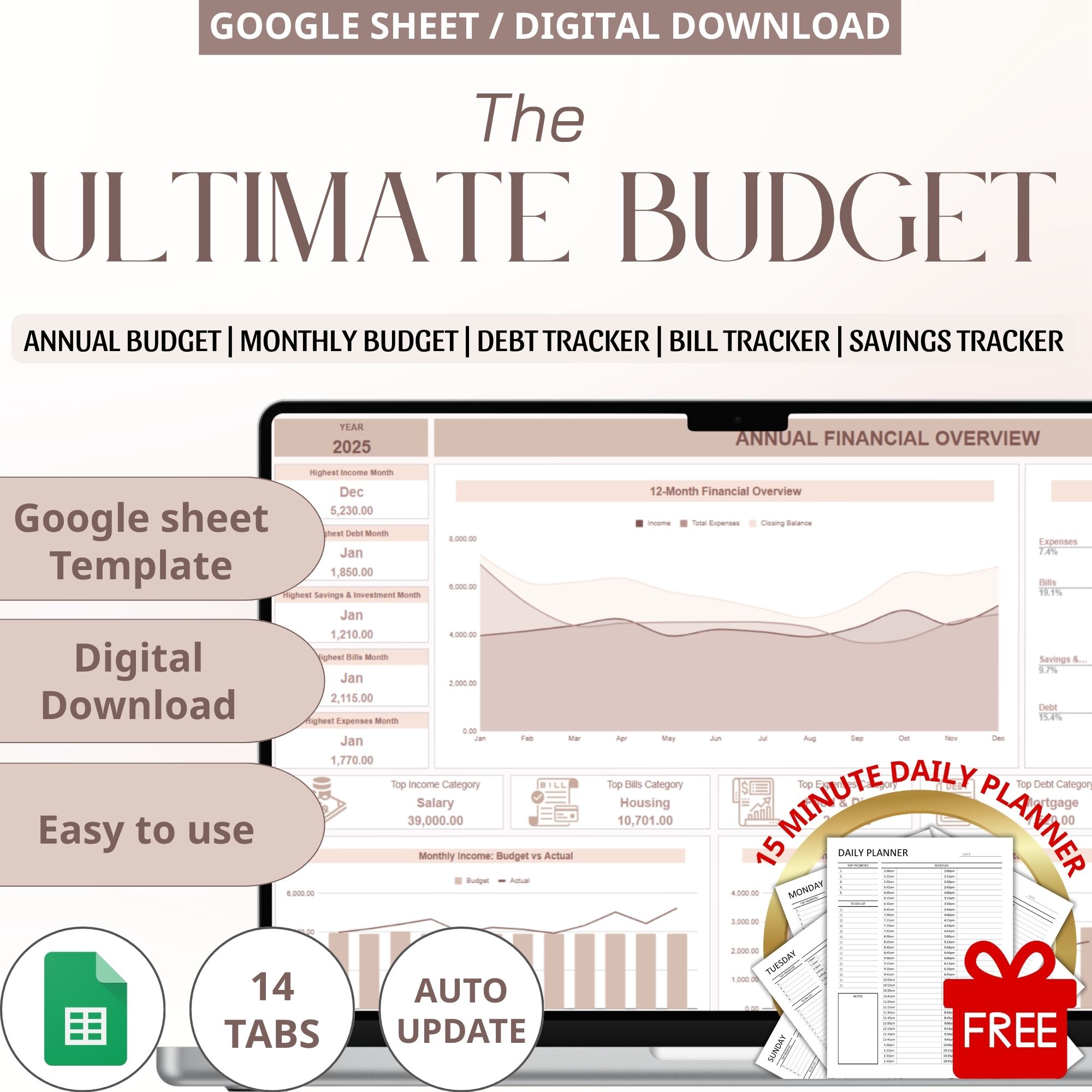 Annual Budget, Budget Spreadsheet, Monthly Budget, Budget Tracker, Budget Google Sheets, Personal Finance, Bill Tracker, Google Sheets Budget, Debt Tracker, Savings Tracker, Paycheck Budget, annual budget sheet, Budget Planner