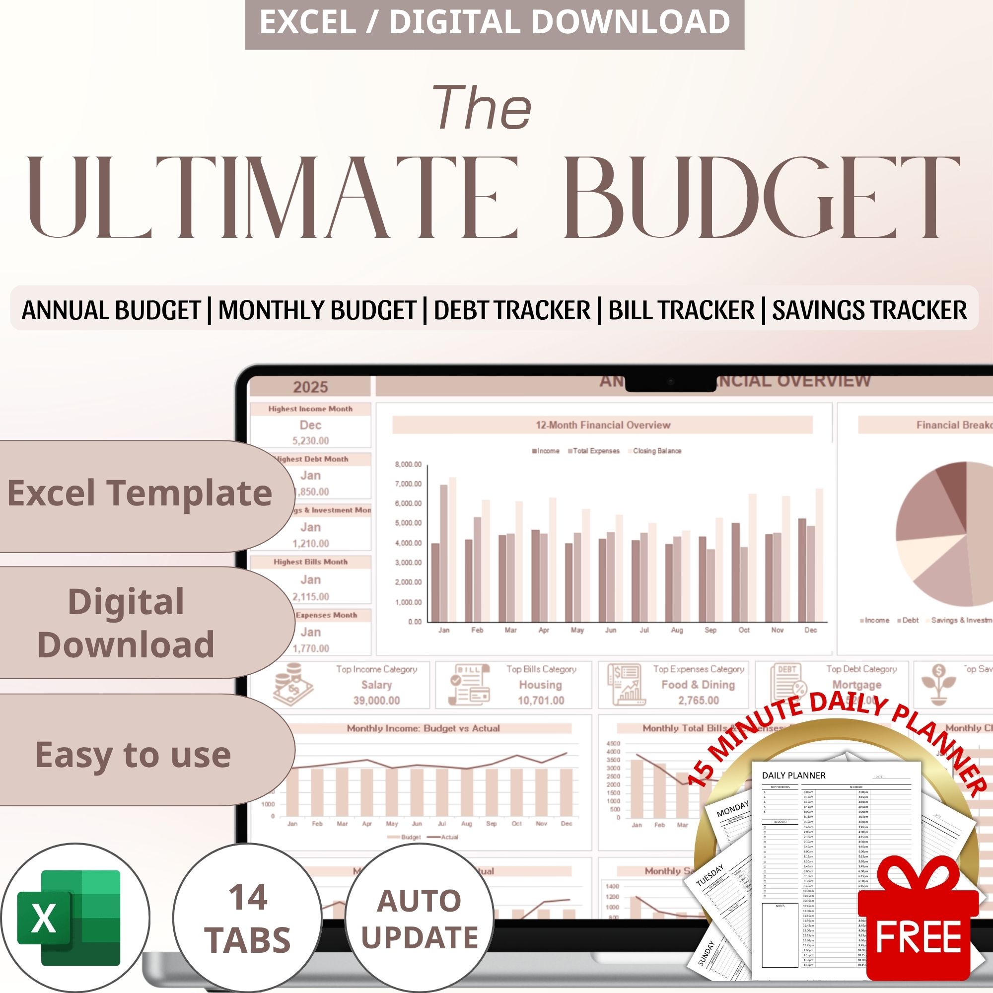 Annual Budget, Budget Spreadsheet, Monthly Budget, Budget Tracker Excel, Budget planner, Personal Finance, Bill Tracker Excel, spending tracker, Debt Tracker, Savings Tracker, Paycheck Budget, financial dashboard, expense tracker