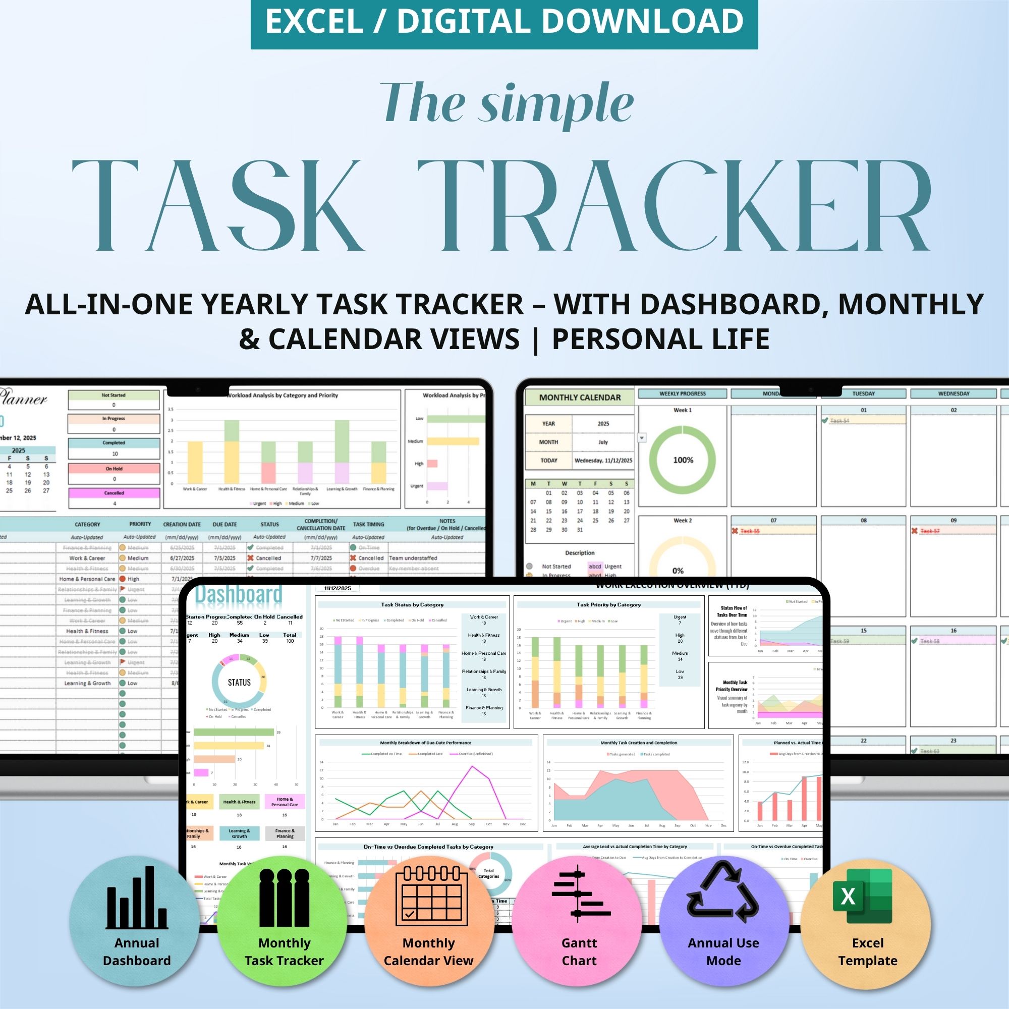 excel monthly planner, excel template, excel to do list template, excel task tracker, productivity planner, excel dashboard template, excel monthly calendar, excel overdue tracker, editable excel spreadsheet, digital planner, digital download, student planner