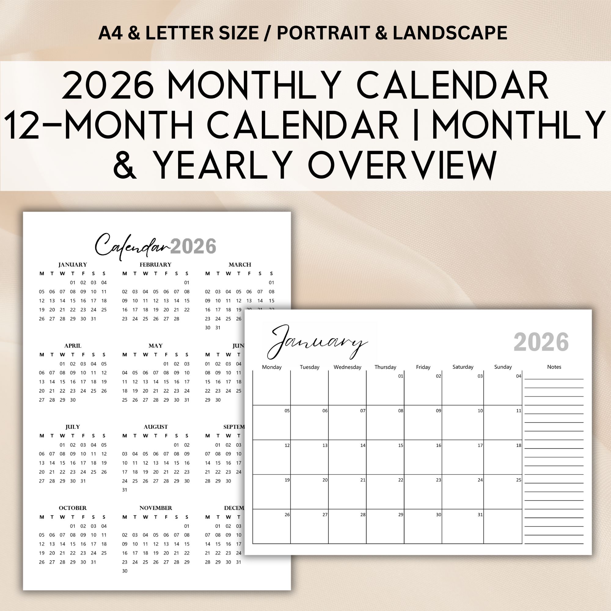 Printable Calendar 2026 PDF – A4 & US Letter – Monthly + One-Page Yearly – Sunday & Monday Start – Portrait/Landscape – Instant Download