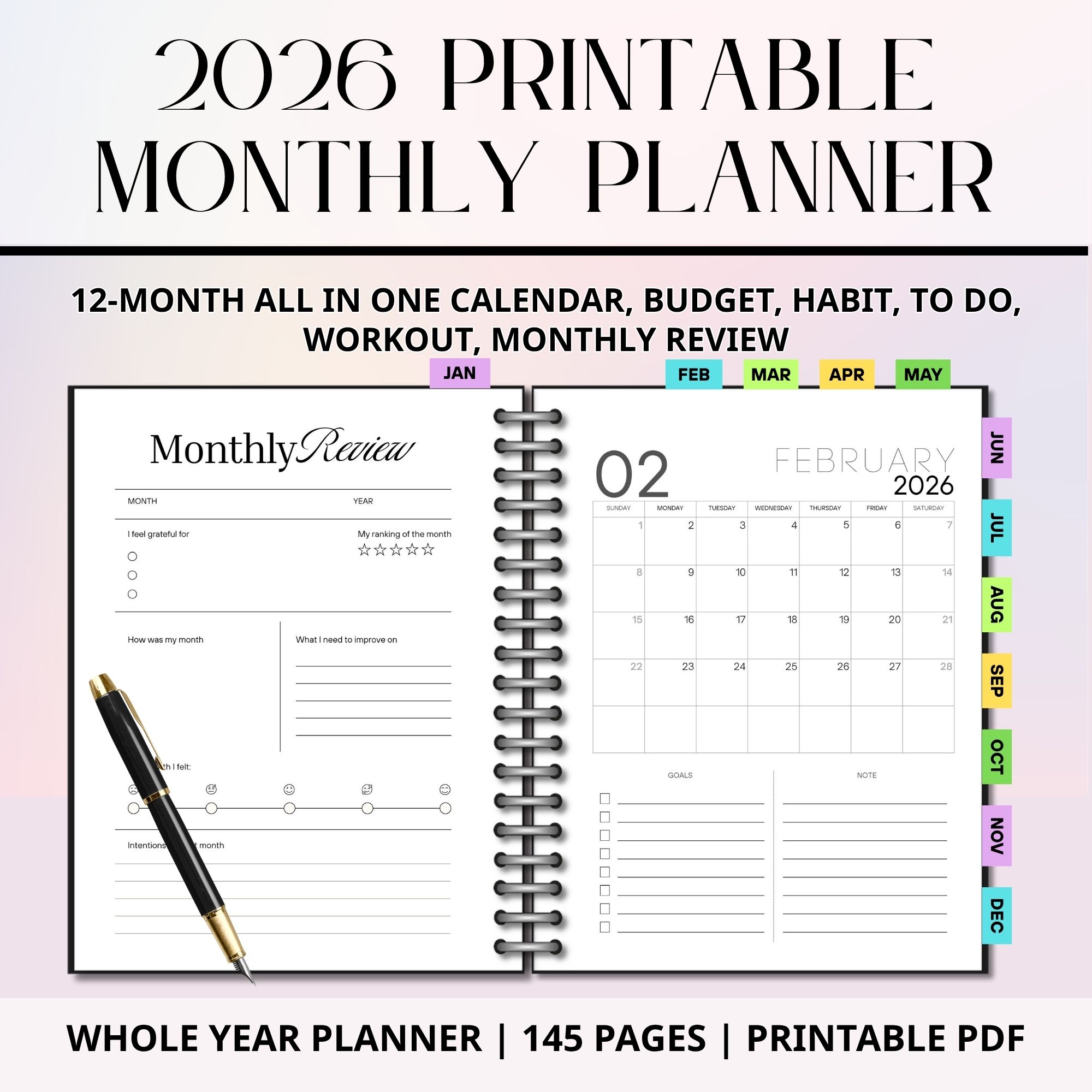 Personalized journal, 2026 journal planner, 2026 monthly planner, productivity planner, printable planner, goodnotes planner, Notability Planner, Student Planner, ADHD Digital Planner, 2026 life planner, task manager pdf, printable pdf, 2026 printable all in one monthly planner, 2026 year calendar, 2026 monthly calendar, monthly planner, to do list tracker, monthly budget planner, monthly habit tracker, monthly workout planner, monthly review