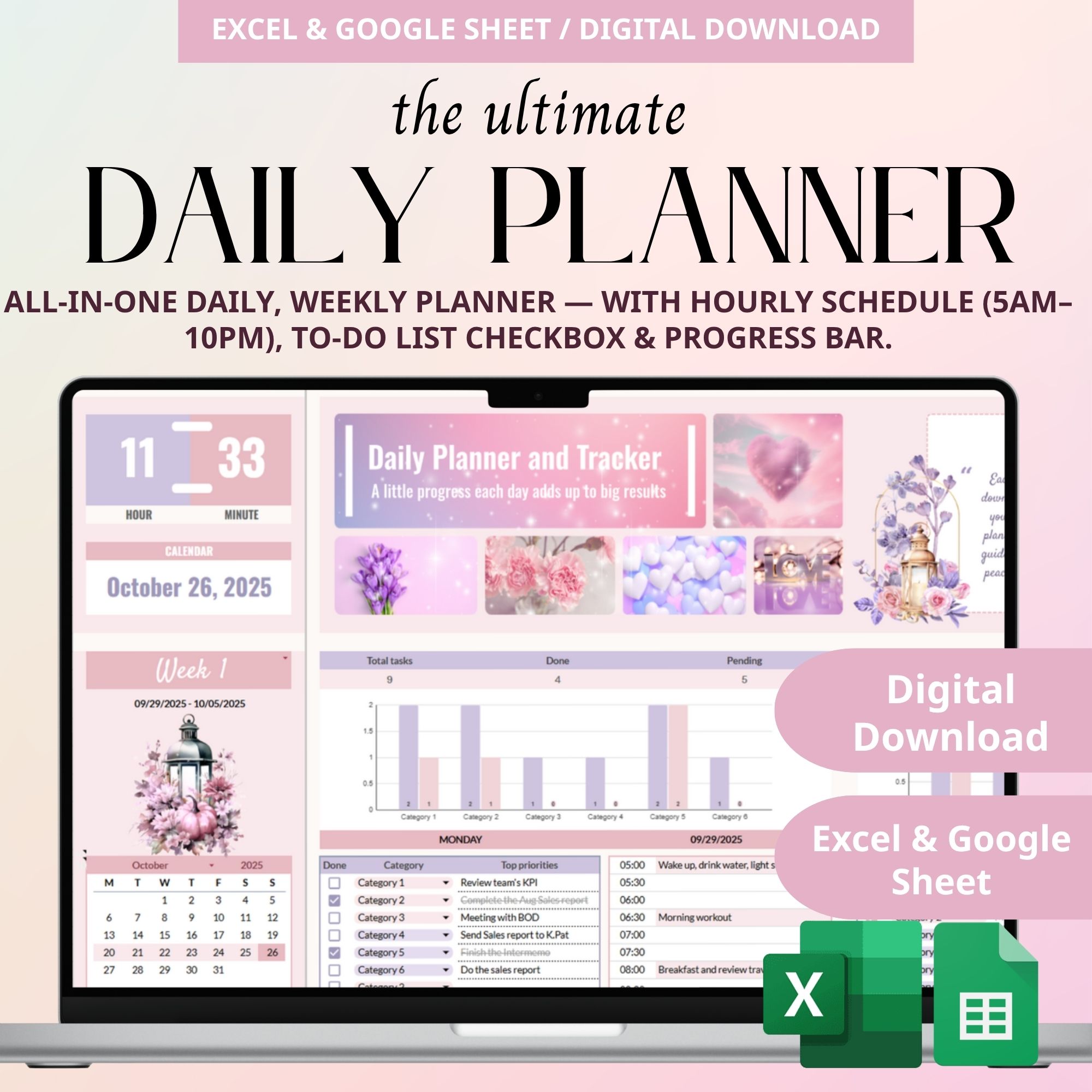 all in one planner, digital planner, weekly planner, daily planner, adhd daily planner, daily schedule, daily tracker excel, time blocking, to do tracker, google sheet planner, excel template, spreadsheet planner, excel task tracker