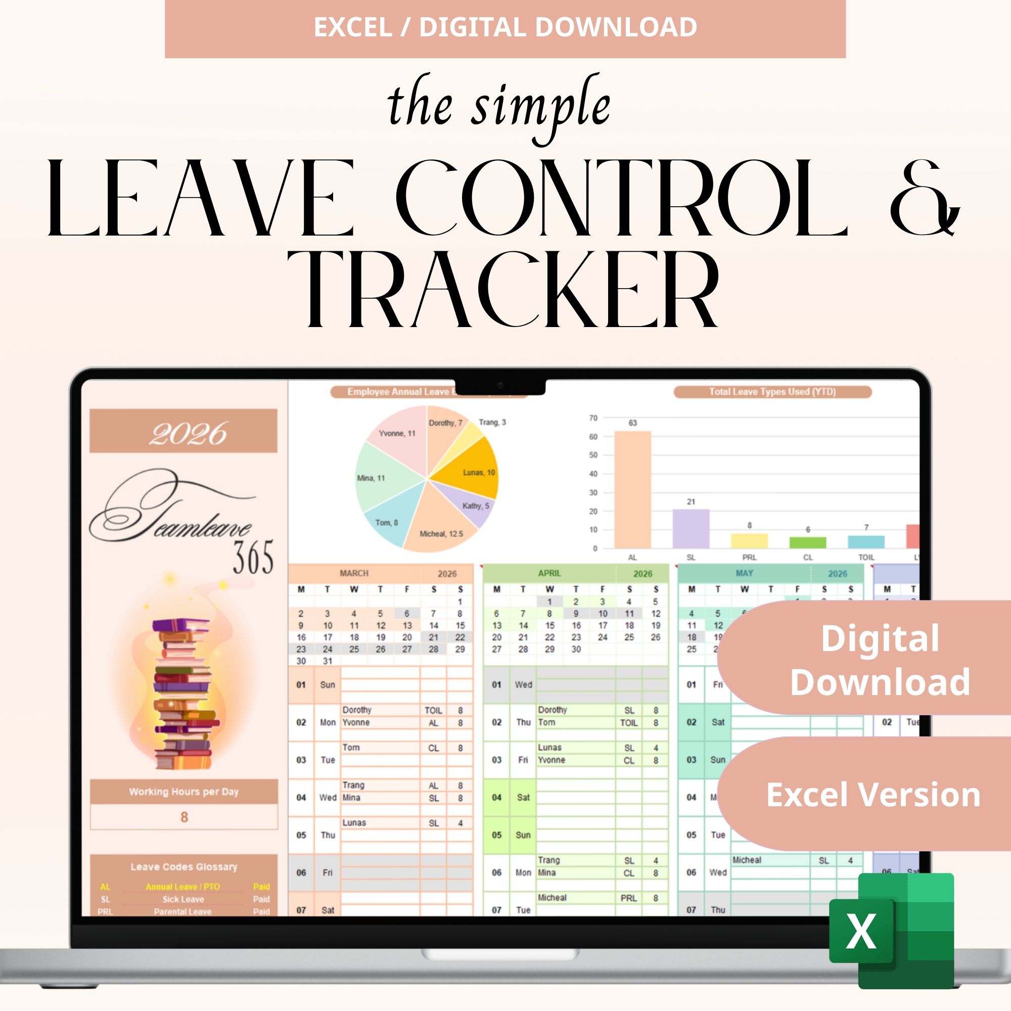 employee leave, leave tracker, leave planner, excel leave, team leave, vacation tracker, HR spreadsheet, staff leave, leave calendar, block out dates, annual leave, simple planner, minimal planner