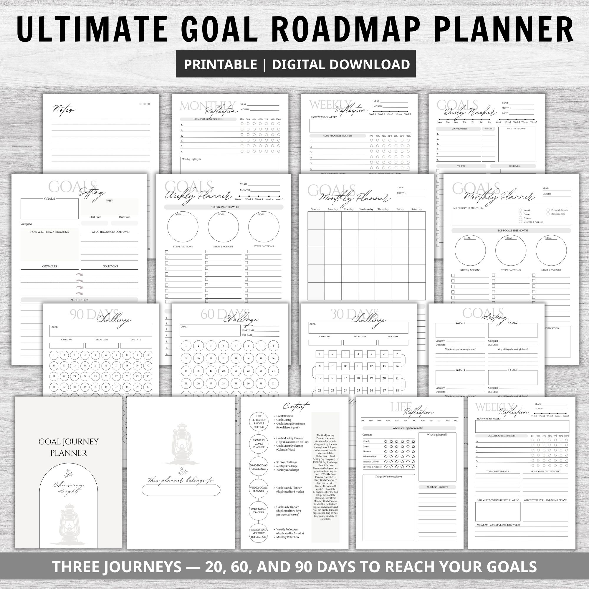 goal planner bundle, printable planner, monthly goals, weekly goals, productivity, daily goal planner, yearly goal, new year resolution, minimalist, A4 b5 sizes, letter half letter, SMART goal setting, reflections