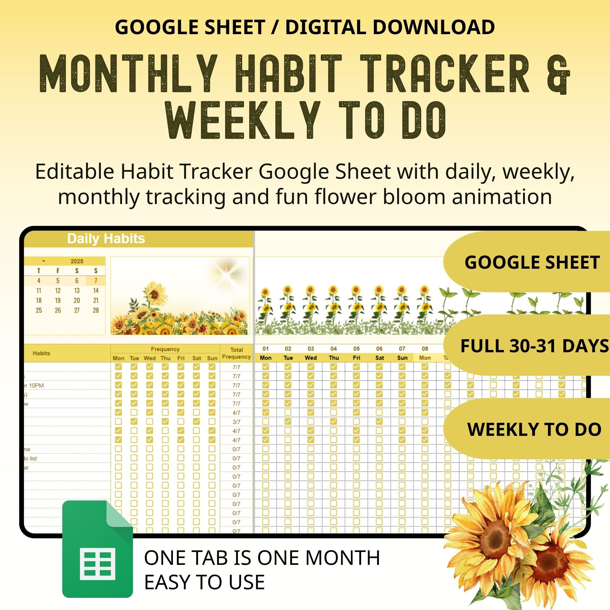 habit tracker, habit tracker google sheets, weekly planner, weekly to do, goal tracker, routine tracker, productivity planner, floral habit tracker, flower tracker, habit tracker adhd, editable template, instant digital download, 31 day habit tracker, customizable google sheet, wellness habit