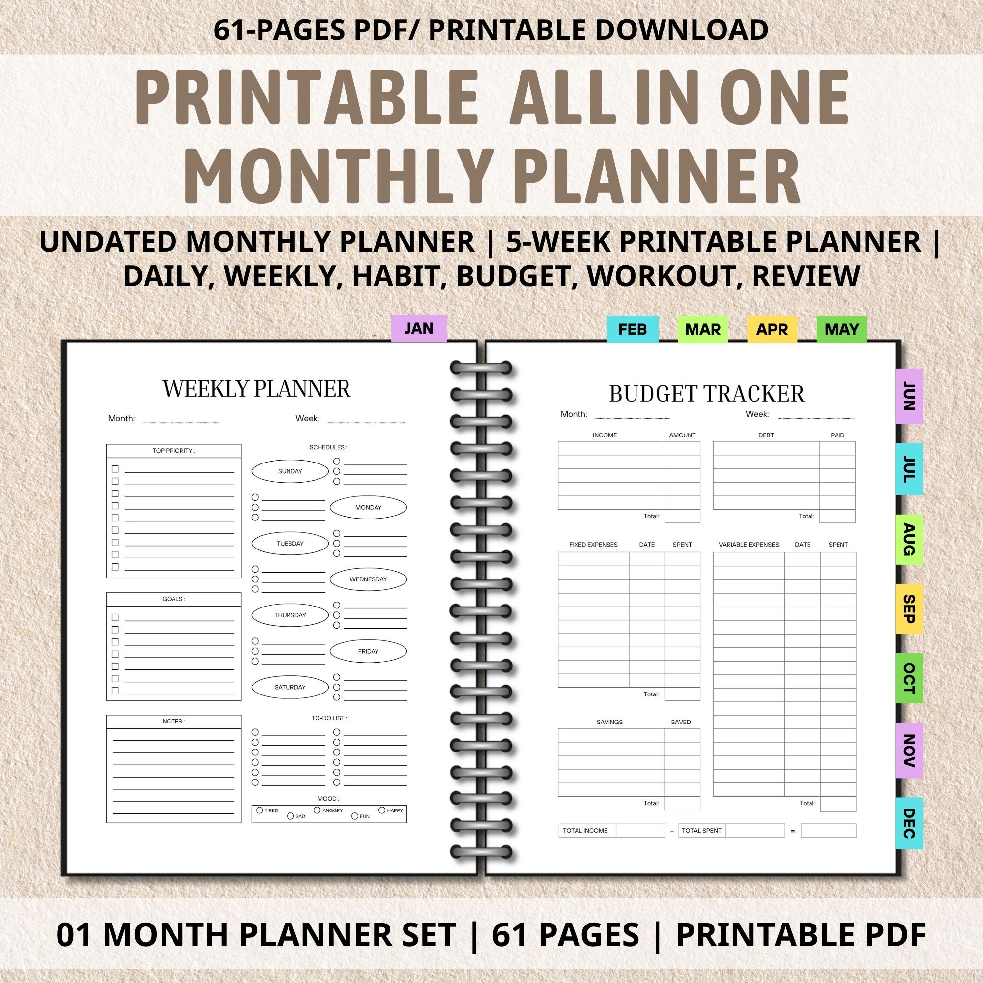 monthly planner, planner insert, printable planner, undated planner, digital planner, weekly planner, daily planner pdf, goodnotes notebook, budget planner, workout planner, adhd planner, goodnotes planner, productivity pdf