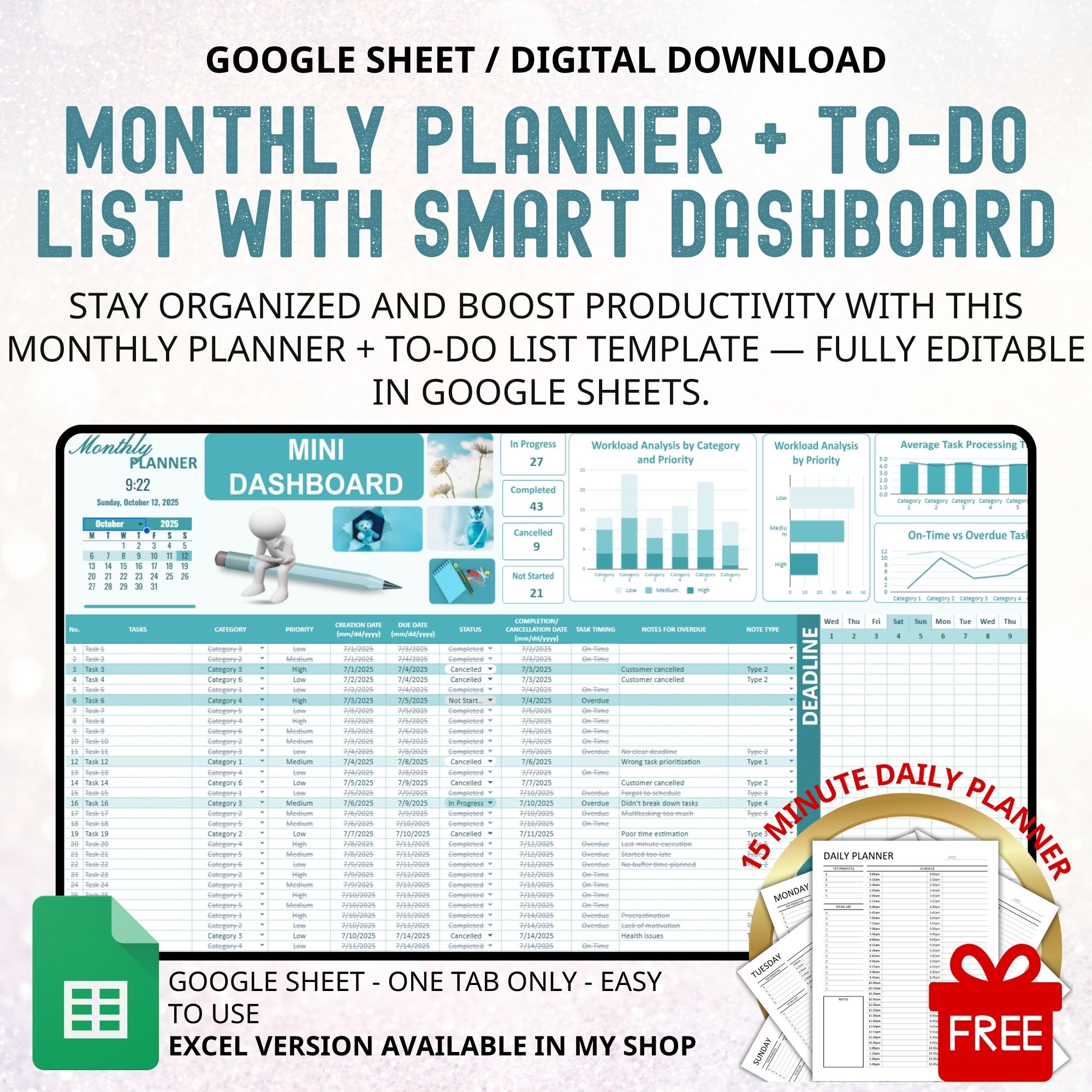 Monthly Planner & To-Do List Google Sheet | Task Tracker & Productivity Dashboard Template | Monthly Schedule Spreadsheet