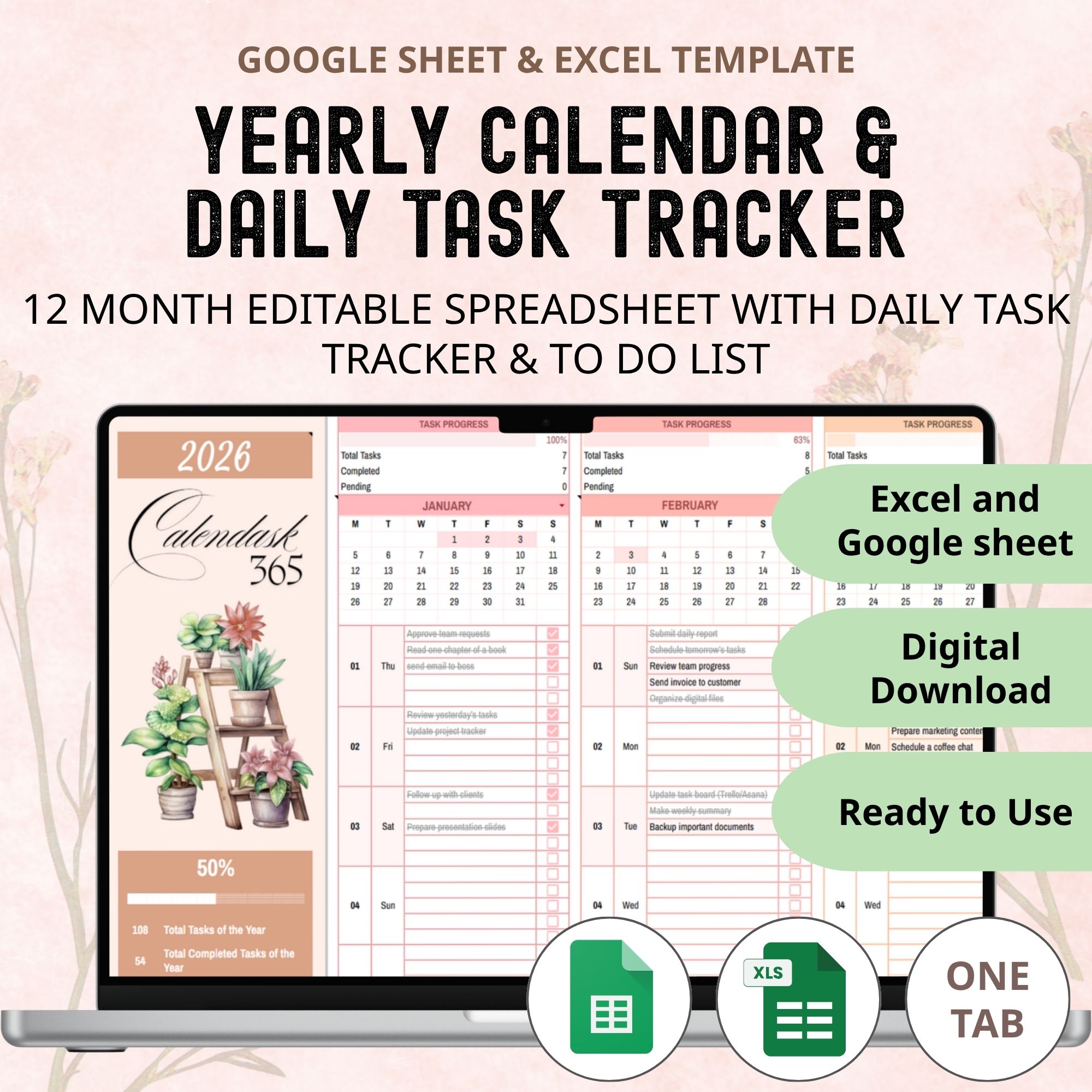 yearly calendar, 12 month calendar, google sheets, excel template, spreadsheet calendar, daily to do list, minimalist calendar, digital download, calendar template, yearly planner, monthly to do list, daily task tracker, monthly tracker