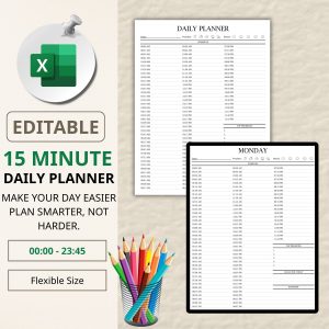15 Minute Planner | Time Block Daily & Weekly Planner Printable | Editable 24 Hour Daily Planner PDF | Time Blocking Schedule Template