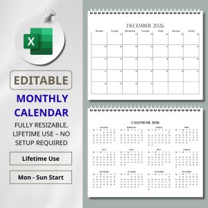 editable excel, excel calendar, printable excel, calendar template, reusable calendar, undated calendar, yearly calendar, monthly calendar, monday start, sunday start, instant download, digital calendar, resizable calendar