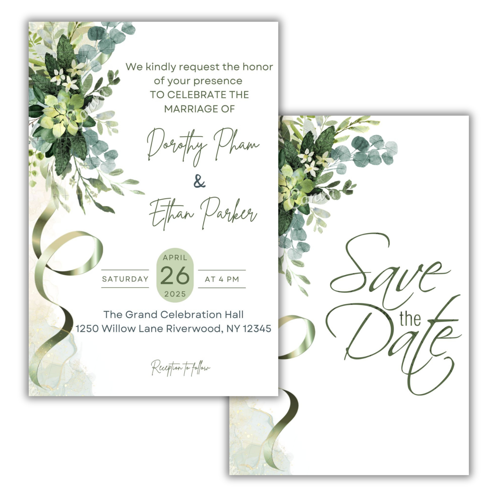 Elegant wedding invitation template, Green floral wedding invitation, Save the date wedding card, Editable wedding invitation template, Canva wedding invitation template, Printable wedding invitation, Double sided wedding invitation, Romantic wedding invitation design, Botanical wedding invitation template, Modern elegant wedding invite, Customizable wedding invitation, Minimalist floral wedding card, Wedding invitation Canva template