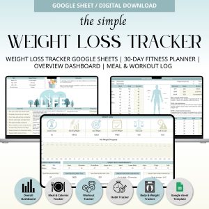 weight loss tracker, google sheets tracker, weight loss planner, fitness tracker, meal calorie log, workout planner, habit tracker, body measurement, bmi whr wht, health tracker, digital tracker sheet, 30 day fitness, calorie tracker
